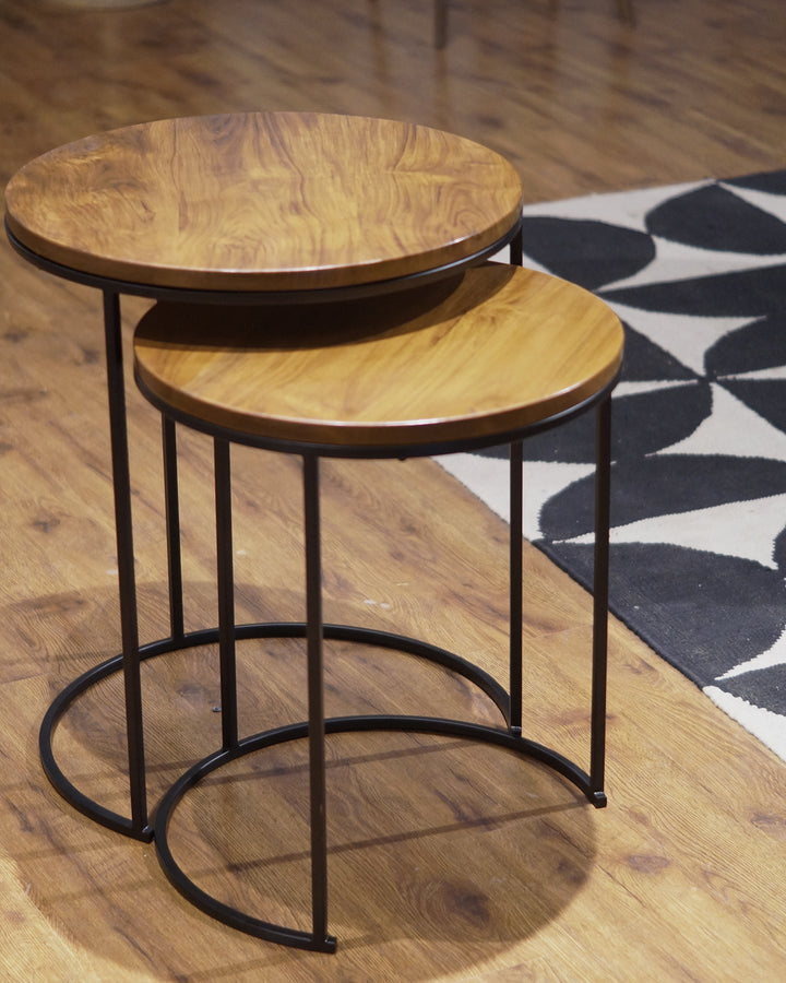 Teak Wood and Slim Metal Frame Nesting Tables